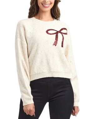 BCX Women's Cream Pull-On Cropped Sweater With Sequin Bow Size XL NEW